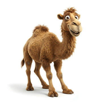 A cartoon camel standing on a white background with a happy expression, 3D rendering