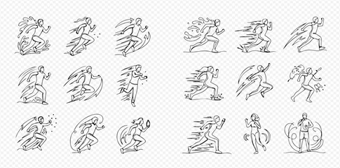 Fototapeta premium Set of running people in motion, dynamic fast movement, linear style illustrations.