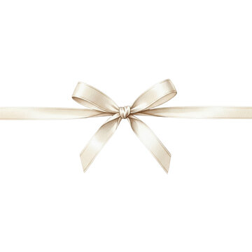 meticulously rendered watercolor illustration of a thin, lustrous cream silk ribbon bow, flat lay, isolated on transparent background, commercial use, high-end celebration design concept