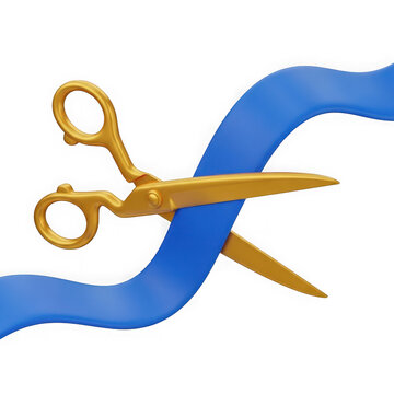 Gold scissors cutting through blue ribbon