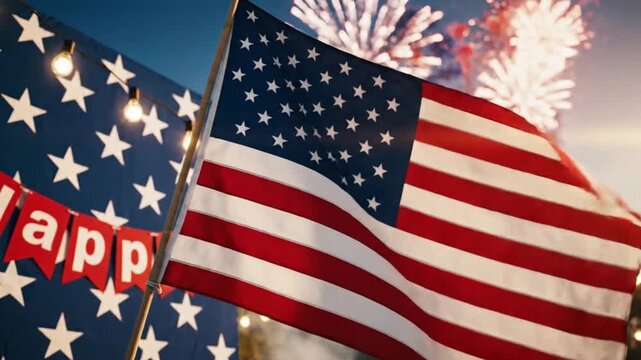 American flag waving outdoors during a patriotic outdoor party celebration with string lights and festive decorations in golden hour light.