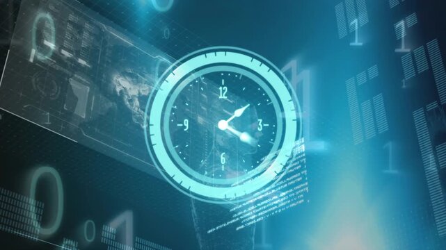 Animation of clock moving fast and data processing with binary coding over screen