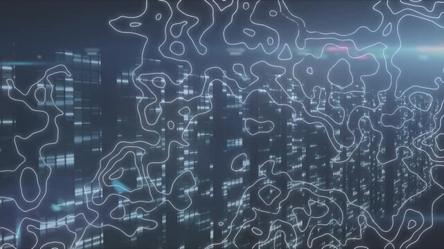 Animation of isohypses over data processing on black background