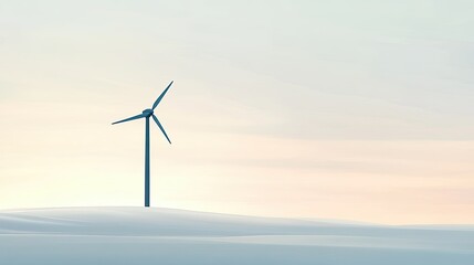 Obraz premium Single wind turbine over pastel dawn. Cool blue and soft pink sky frame lone turbine on smooth terrain, offering serene mood and generous negative space for messaging. Ideal for sustainability