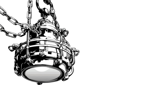 A grayscale illustration of a hanging metallic object with chains. It appears industrial with detail