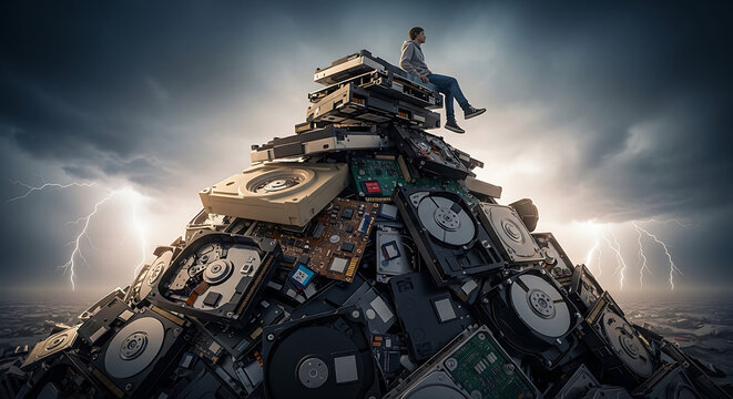 A person sits atop a mountain of discarded computer hard drives under a stormy sky