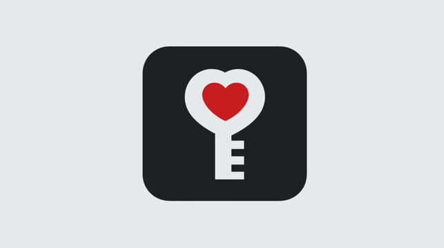 A heart-shaped key design within a rounded rectangle, red heart inside