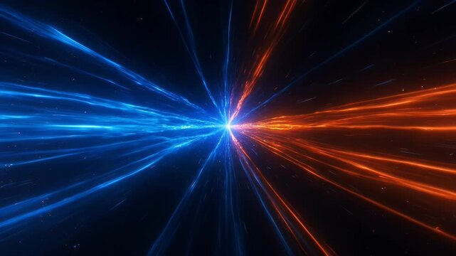 Abstract digital illustration of diverging and merging streams of blue and orange energy