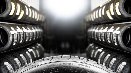 Tire Tread and Shop Stock, A close-up of a new car tire showing detailed tread patterns and...