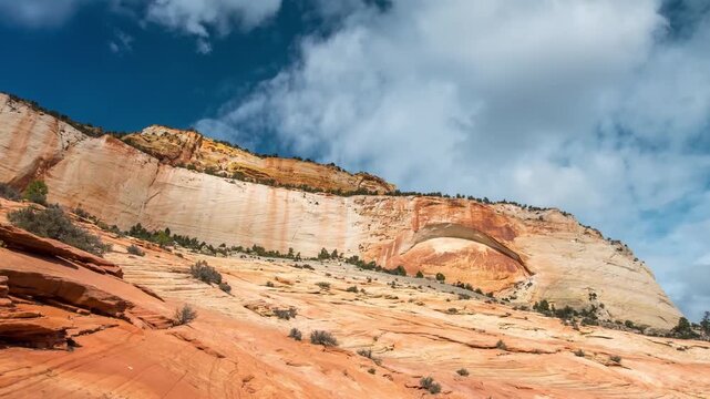 A view of a blind arch (an arch still attached to the rock face) within the multi-colored, layered sandstone cliffs of Zion National Park, Utah.