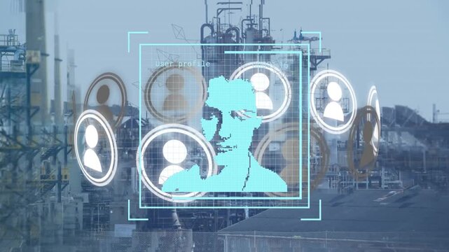 Multiple profile icons with data processing and profile icons spinning over construction site