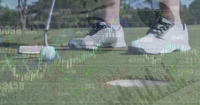 Animation of statistical and financial data processing over mid section of a man playing golf