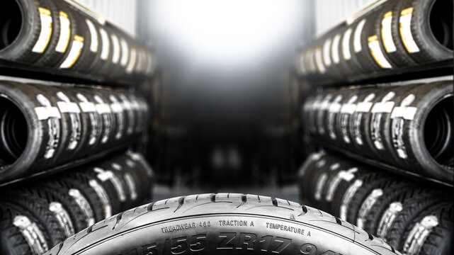 Tire Tread and Shop Stock, A close-up of a new car tire showing detailed tread patterns and sidewall markings, with blurred rows of tires on racks in a professional shop. copy space
