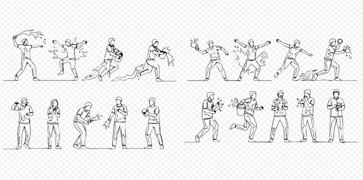 Continuous line drawing of American football players in various action poses, including throwing, running, and tackling, on a transparent background.