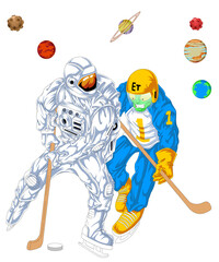 Fototapeta premium Astronaut and alien playing ice hockey in outer space, cosmic hockey match with planets and stars cartoon illustration