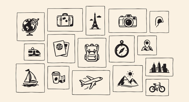 Travel adventure vector icons, vacation tourism map symbols, passport camera luggage design, mountain outdoor hiking set, flight journey transport icons, explore world exploration symbols, camping bac