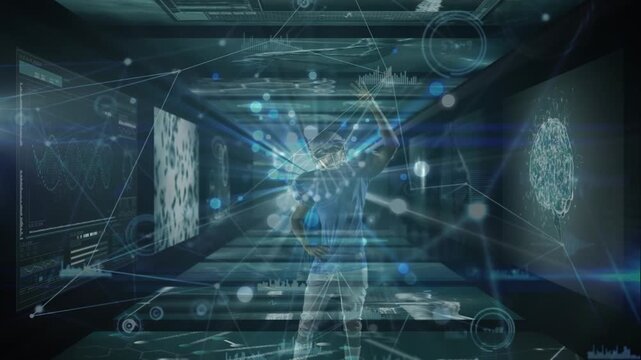 Animation of data processing over caucasian rugby player