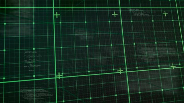 Animation of grid pattern with plus signs over data processing on digital interface