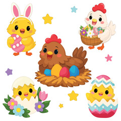 Fototapeta premium Cute Easter characters set with hen, chickens in eggs, pussy willow branches, and spring flowers