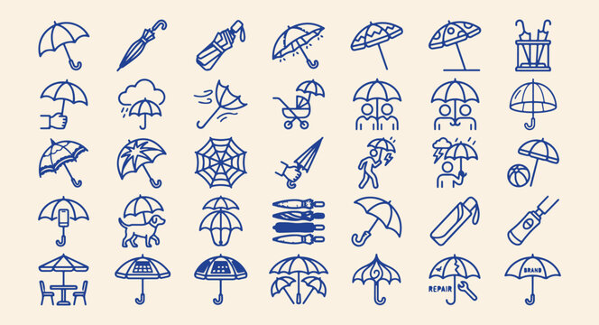 Umbrella vector icons, beach parasol symbols, rain protection design, summer sunshade set, weather umbrella icons, fashion accessory line art, outdoor shelter symbols.

