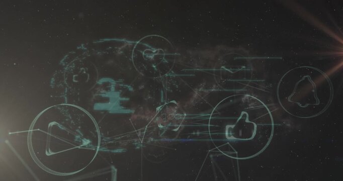 Animation of padlock icon and network of connections with icons on black background