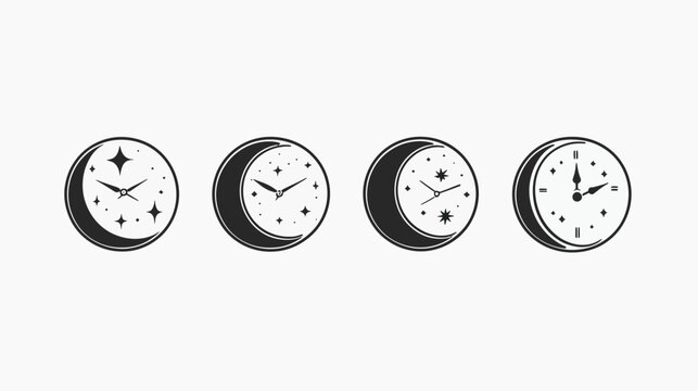 Four black and white illustrations featuring circular clocks with moon crescents and star details