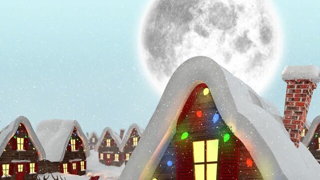 Animation of falling snow over winter village