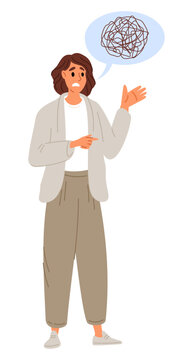 Young woman experiences difficulties with pronunciation and diction. Mental disorder and communication problems. Girl suffers from disorientation. People misunderstanding. Vector concept