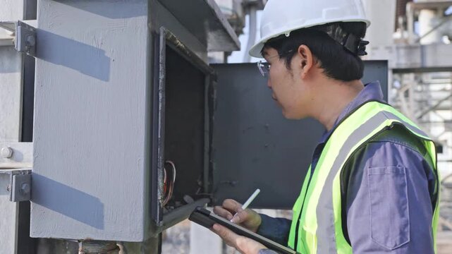 Industrial electrician technician inspection of electrical panel with hard hat safety vest, clipboard tablet for factory control cabinet maintenance