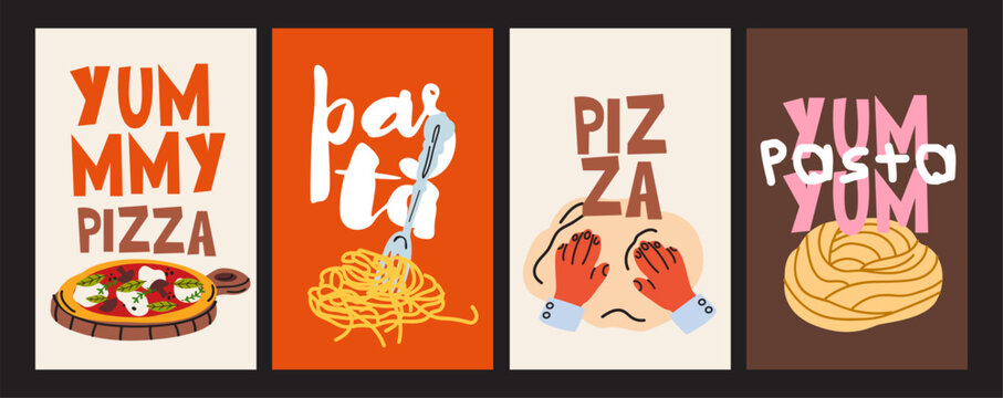 Italian food poster set with pizza, pasta, spaghetti and text. Culinary compositions. Modern cards for kitchen or wall decor. Vector illustrations