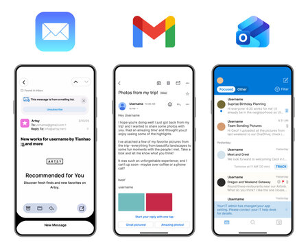 Email app interface UI kit featuring Apple Mail, Gmail and Microsoft Outlook mobile email client screens.