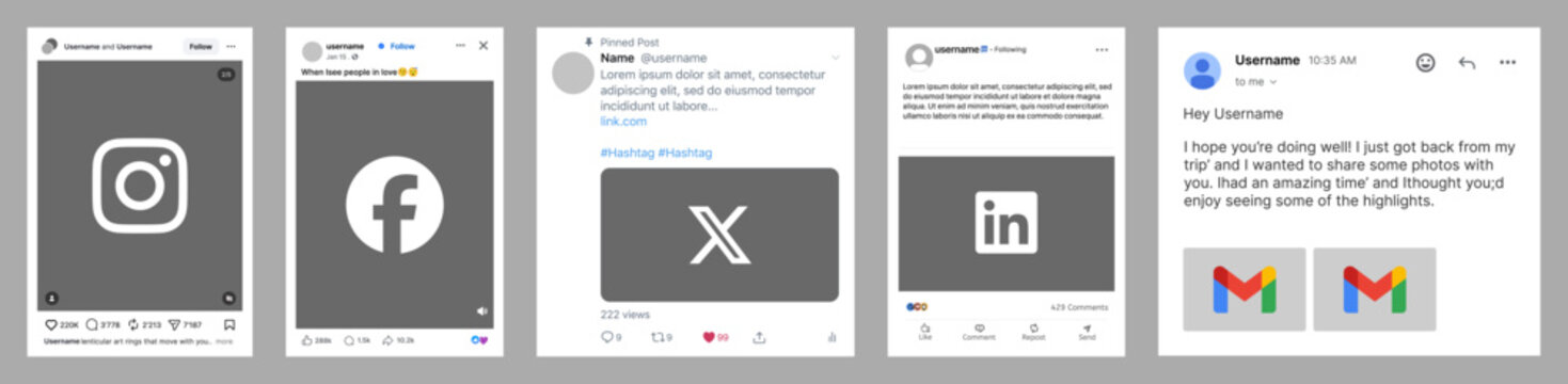 Social media post featuring Instagram, Facebook, X, LinkedIn and Gmail content layouts.