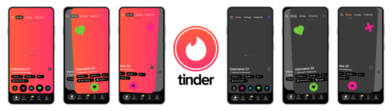 Tinder mobile dating app interface UI kit featuring swipe matchmaking profiles and dating interaction screens.