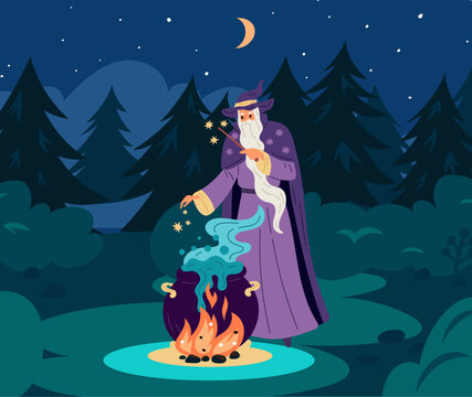 Old wizard prepares magic potion in large cauldron in middle of forest at night. Magical elixir. Fairytale warlock. Cartoon sorcerer. Mystic ritual in dark. Vector witchcraft concept