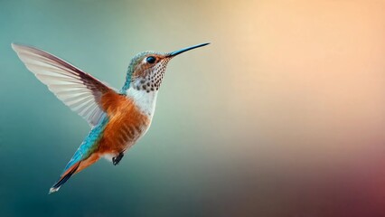 Naklejka premium Small hummingbird hovering near invisible flower