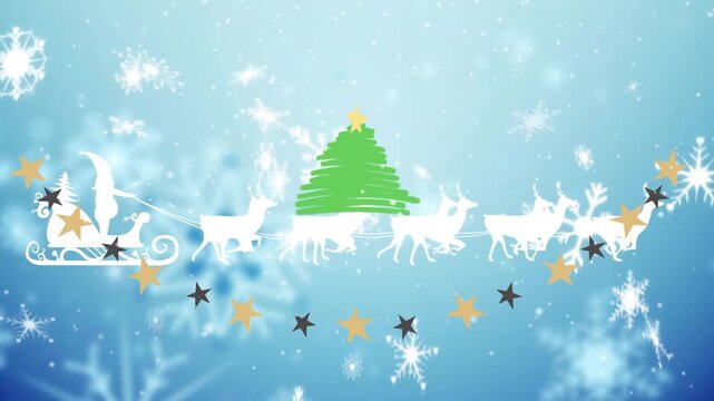 Animation of christmas santa claus in sleigh with reindeer and snow falling