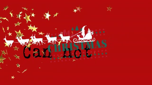 Animation of golden stars and santa claus in sleigh pulled by reindeers over merry christmas text