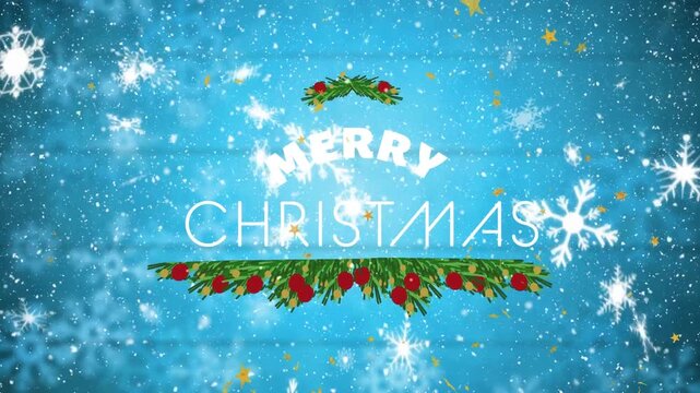 Animation of snowflakes over merry christmas text banner against blue wooden textured background