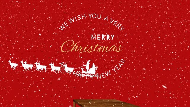 Animation of christmas greetings text and santa claus in sleigh with reindeer on red background