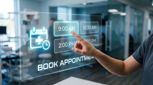 Medical clinic staff using digital interface for booking appointments.