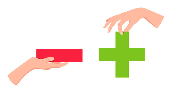 Hands holding plus and minus signs. Pros and cons. Positive and negative arguments. Rejection and permission. Math calculation. Choice checkmark. Mathematical symbols vector concept