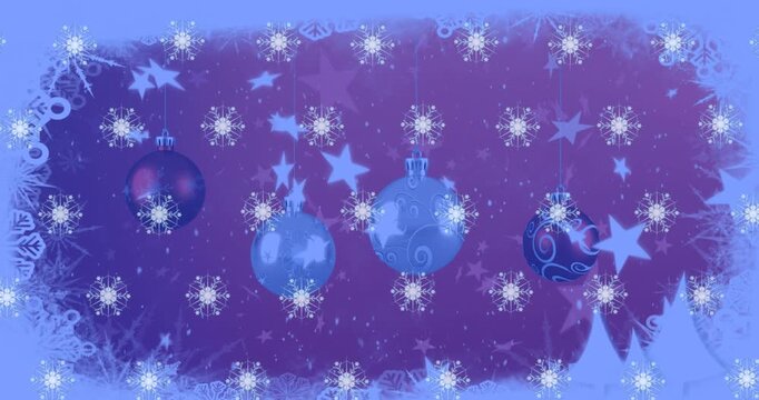 Animation of snow falling over christmas baubles decoration and winter scenery