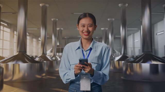 Asian Female With Her Smarphone at Stainless Steel Brewing Vats in Beer Plant, She Is Looking At The Camera With A Smile