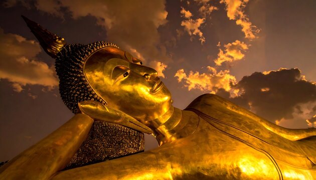 A majestic, golden reclining figure under a dynamic sky filled with orange and yellow clouds at sunset. It's a serene and spiritual moment