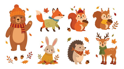 Fototapeta premium Cute Autumn Animals Set with Seasonal Accessories Flat Vector Illustration