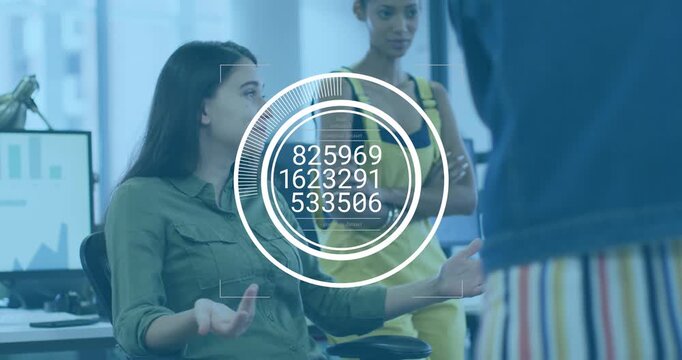Animation of scope scanning over diverse business people working in office