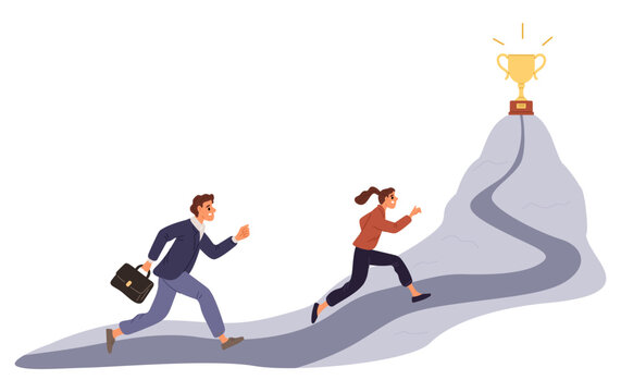 Business man and woman run toward summit with trophy cup. People striving to their goal. Overcoming obstacles. Challenge reward. Colleagues rivalry. Businessmen running. Vector concept