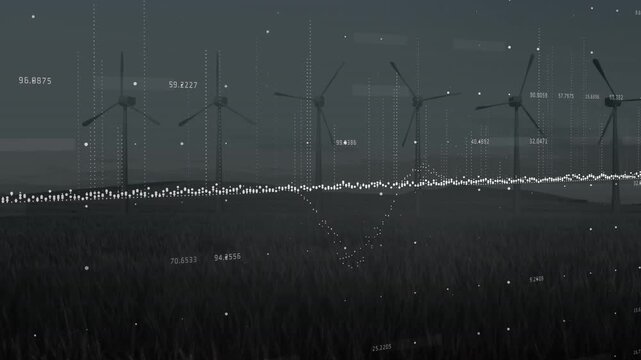 Animation of financial data processing over wind turbines
