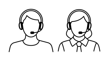 Fototapeta premium Minimalist line art icons showing a male figure in a casual shirt and a female in a professional shirt, both with headsets.