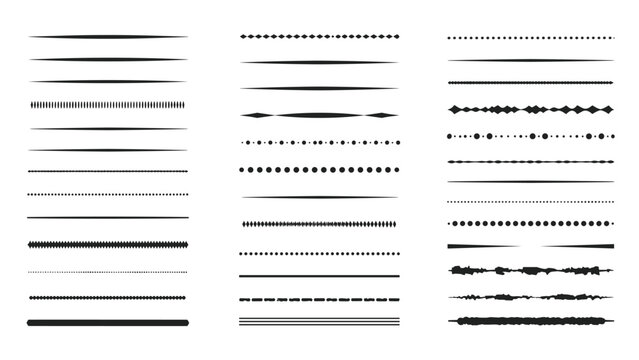 Set of decorative black divider lines featuring various patterns, dots, and textures for page layouts and graphic design.